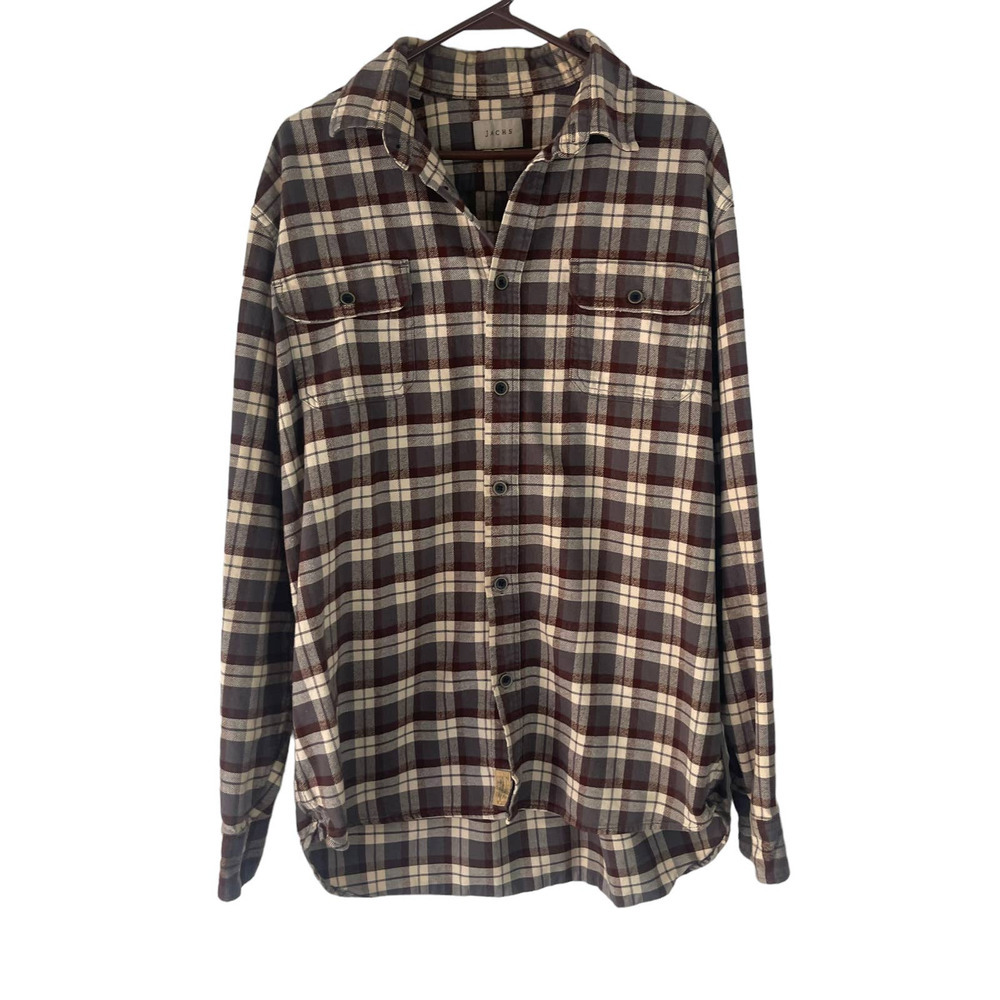Jachs Men's Size XL Tall Grey Brown Plaid Flannel Button Up Shacket Shirt